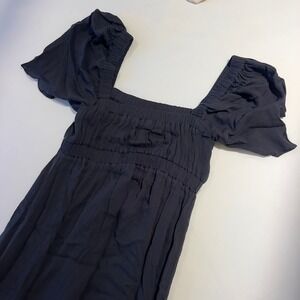 Anna Nata Black Smocked Maxi Dress Square Neck Puff Sleeve Crinkle Texture Small